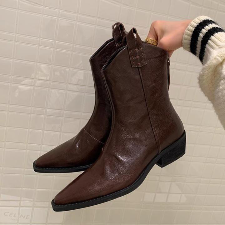 【CBMT官方】2025新款褶皱棕色V口覆古尖头西部牛仔靴粗跟显瘦中