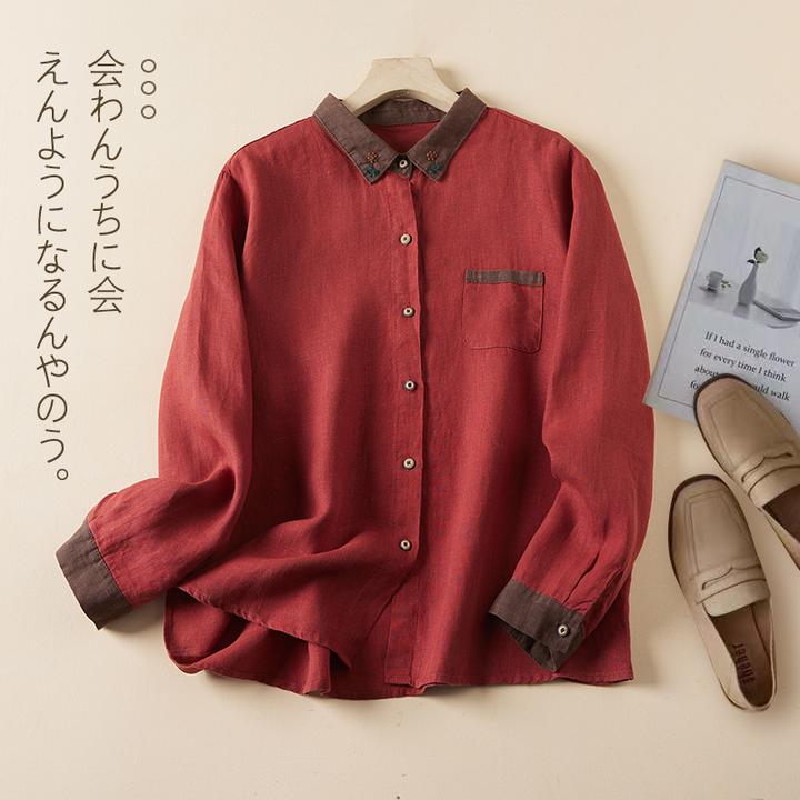 大码女装韩版遮肉复古文艺长袖红色排扣翻领衬衣洋气时尚棉麻衬衫