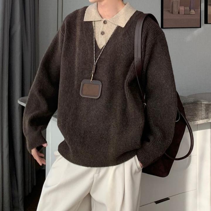 秋冬季老钱风假两件毛衣男小众韩版高级感宽松休闲百搭针织上衣潮