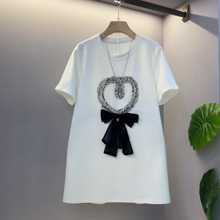 欧货重工钻显瘦大码蝴蝶结宽松大T恤