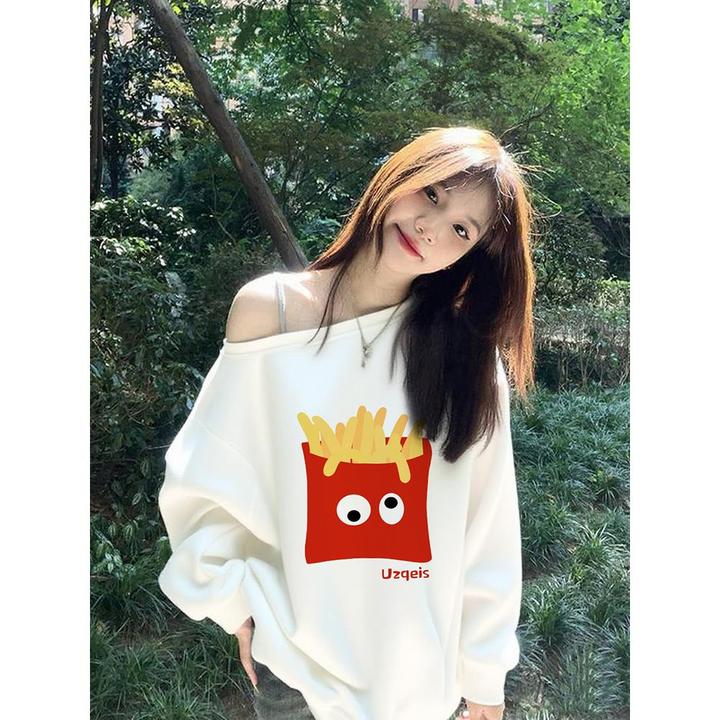 纯棉白色斜领露肩卫衣女个性印花秋冬甜辣妹百搭宽松加绒套头上衣