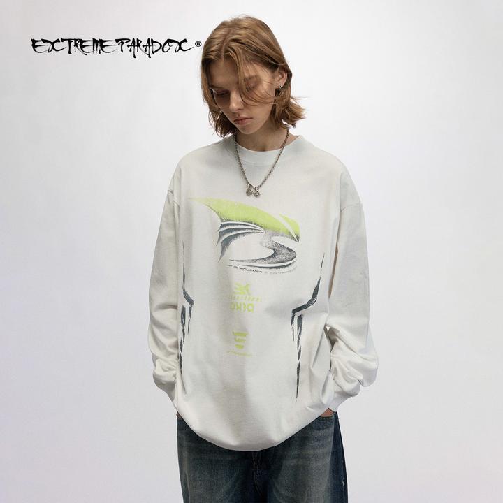 【飞越穹顶】美式运动印花喷绘长袖宽松街头休闲打底情侣手工丝印T