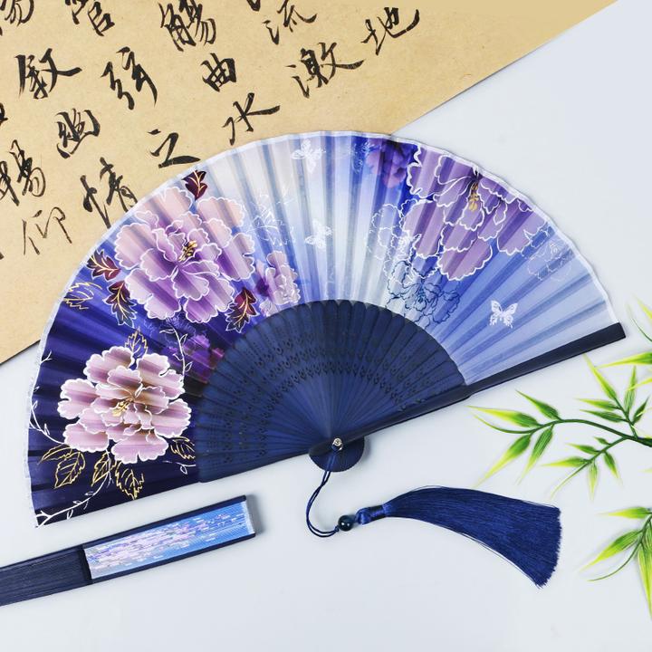 340古风烫金牡丹扇子7寸中国风女士折扇复古折叠扇汉服便携舞蹈扇