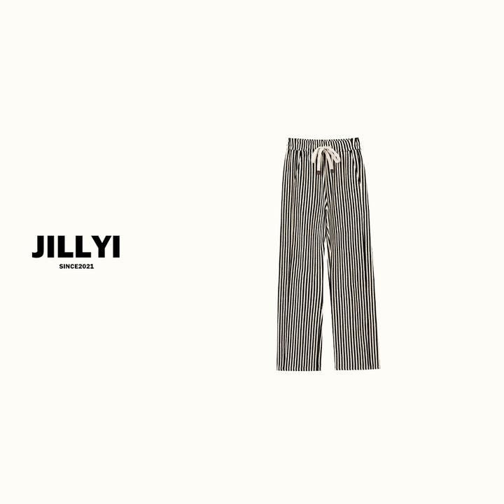 JILLYI南山店【条纹浪漫】黑白线条腰间绑带时尚休闲长裤夏季百搭