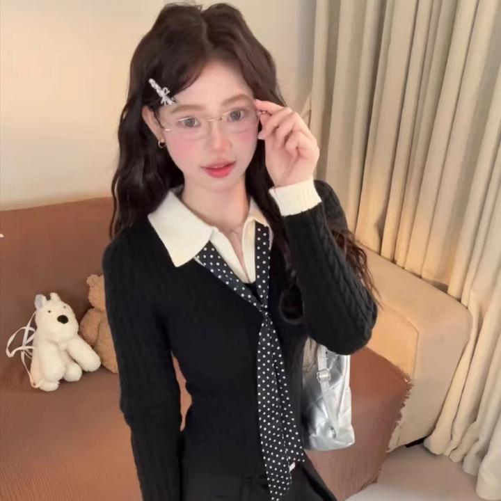 流行个性纯欲风设计感翻领拼接假两件针织衫女秋冬季修身上衣洋气