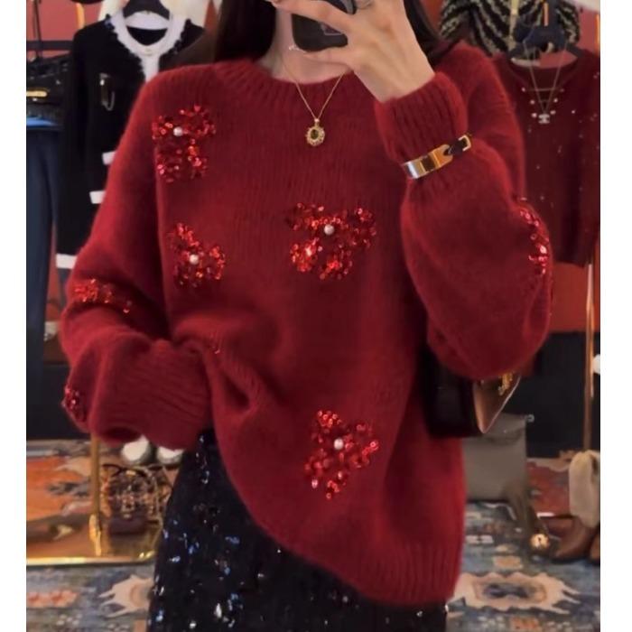 今年流行漂亮红色亮片毛衣女2025新款慵懒高级感蝴蝶结针织衫上衣