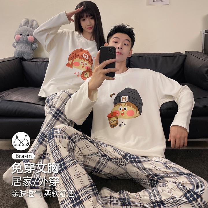 情侣睡衣秋冬款一男一女可外出穿爆款春秋季带胸垫长袖长裤家居服