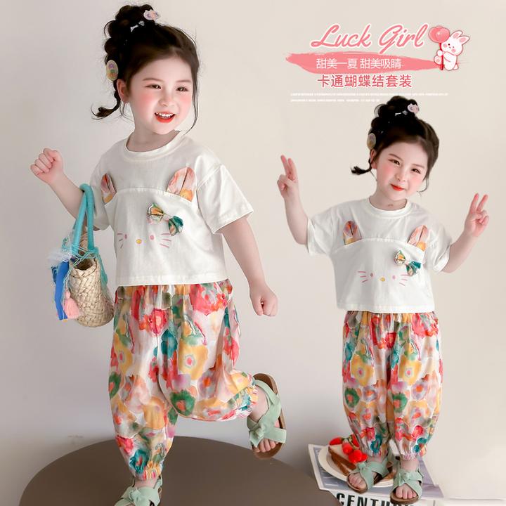 韩版时尚可爱宝宝夏装防蚊裤两件套夏季女童t恤薄款短袖休闲套装