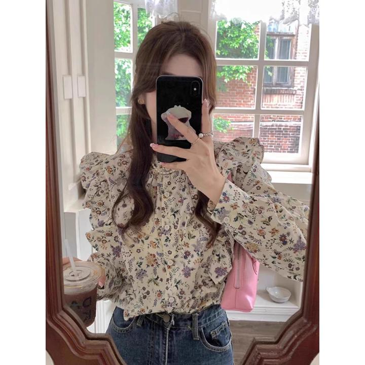 3345 法式甜美荷叶边碎花衬衫新款设计感小众别致长袖上衣