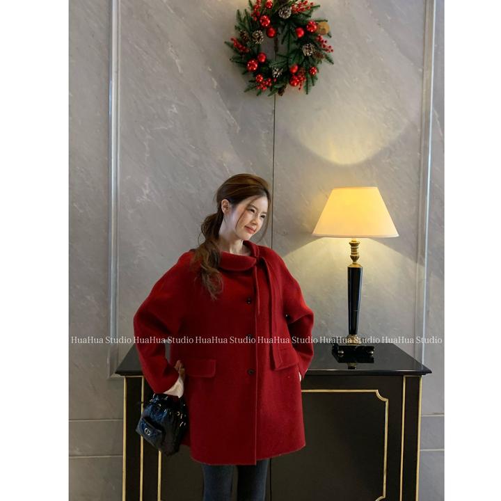【花花】邂逅爱丽丝~小众设计红色甜美蝴蝶结双面羊毛呢大衣外套