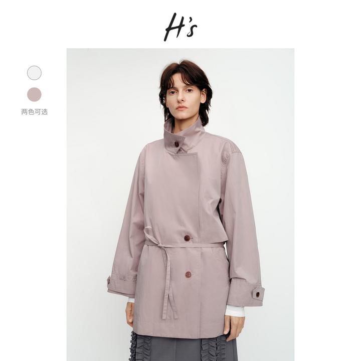【秋上新】H'S双色翻立领风衣女25秋宽松落肩休闲系带中长款外套