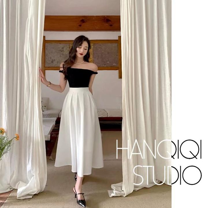 春季白色小个子显瘦半身裙百褶中长款高腰a字裙法式伞裙（有口袋）