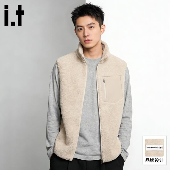 it FINGERCROXX浅咖色毛绒马甲男士冬季户外潮流穿搭男款立领背心