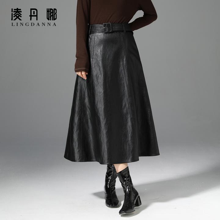 黑色高腰PU皮裙半身裙女中长款秋冬新款宽松显瘦a字裙子休闲裙冬