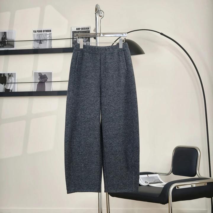 羊毛呢弯刀裤女2025冬季新款简约松紧高腰纯色加厚休闲九分香蕉裤
