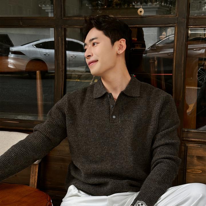 「绵羊毛精纺」新贵老钱风坑条肌理感极简通勤休闲长袖针织POLO