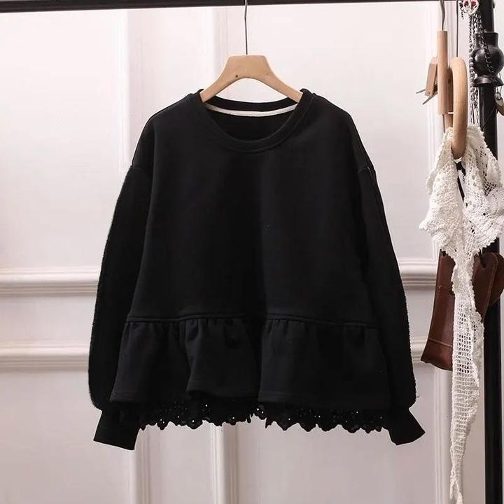 大码蕾丝卫衣小众炸街高级感女装宽松减龄娃娃衫荷叶边打底衫上衣