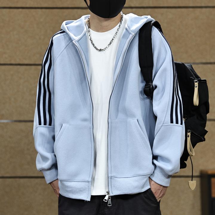 重磅开衫连帽加绒卫衣男士2025秋冬季新款潮牌宽松条纹夹克外套男