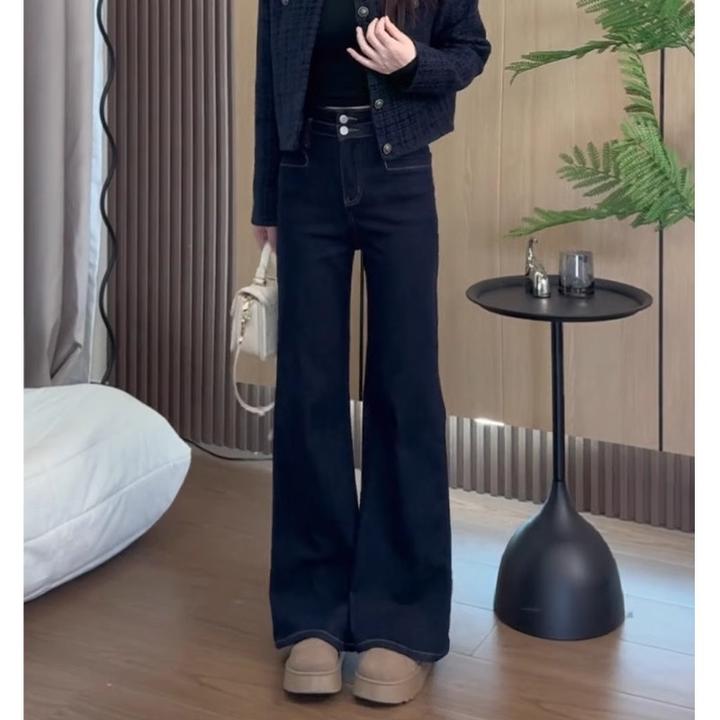 深蓝色窄版微喇牛仔裤女2025年秋冬加绒不贴腿高腰显瘦直筒喇叭裤