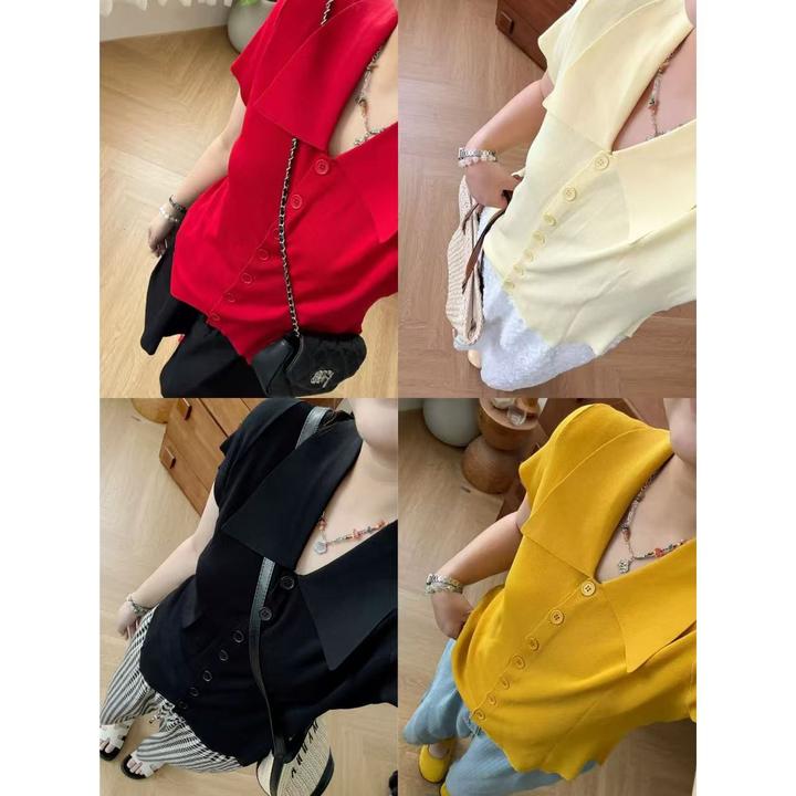 晶咕【杏仁布丁】冰麻微透polo短袖上衣显瘦气质时尚洋