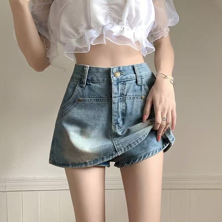 牛仔半身裙女夏季新款高腰显瘦辣妹裙裤小个子防走光a字牛仔裤【Q】
