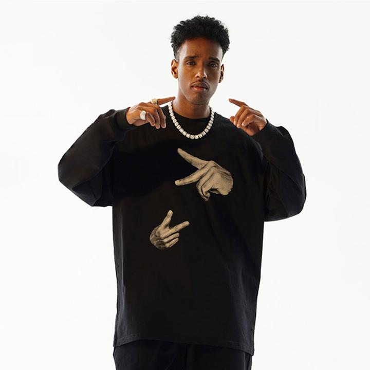 STA. SRXRMD比耶手势潮牌重磅纯棉长袖T恤男士宽松春秋上衣ins女