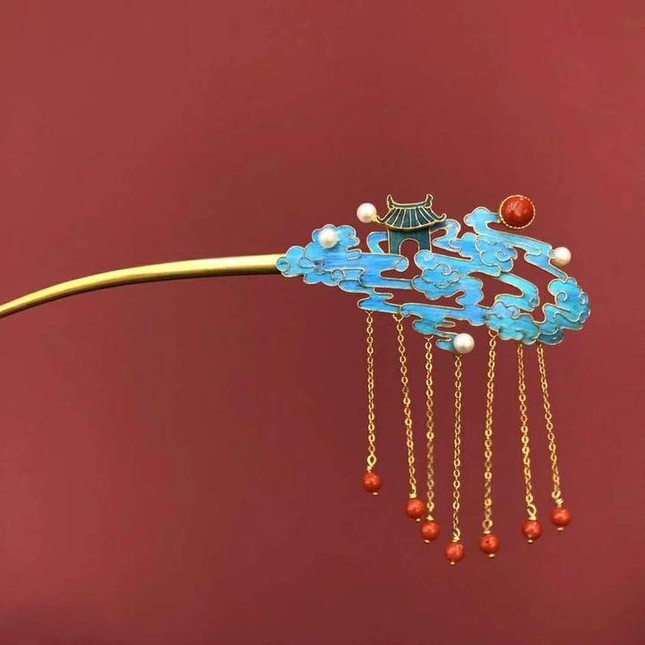 云顶天宫系列发簪烧蓝花丝点翠工艺嵌宝古风汉服小众流苏步摇发