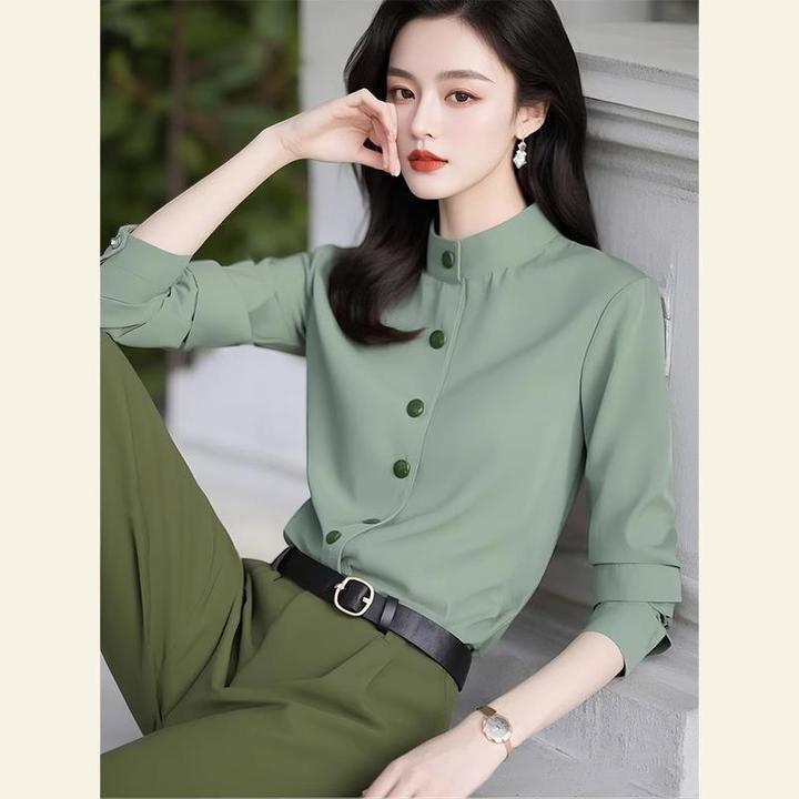 ZZFS小香风气质绿色立领衬衫女早春新款高级感职业通勤长袖上衣服