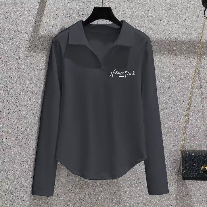 弧形长袖纯棉女士设计感2025春秋新款简约翻领上衣洋气百搭POLO衫