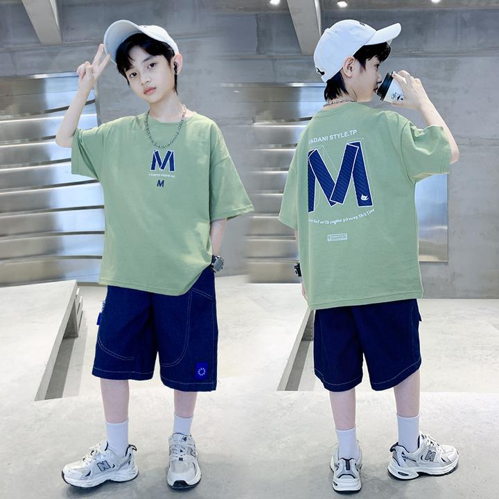 男童夏季套装2025新款大儿童薄款洋气运动休闲字母印花短袖两件套