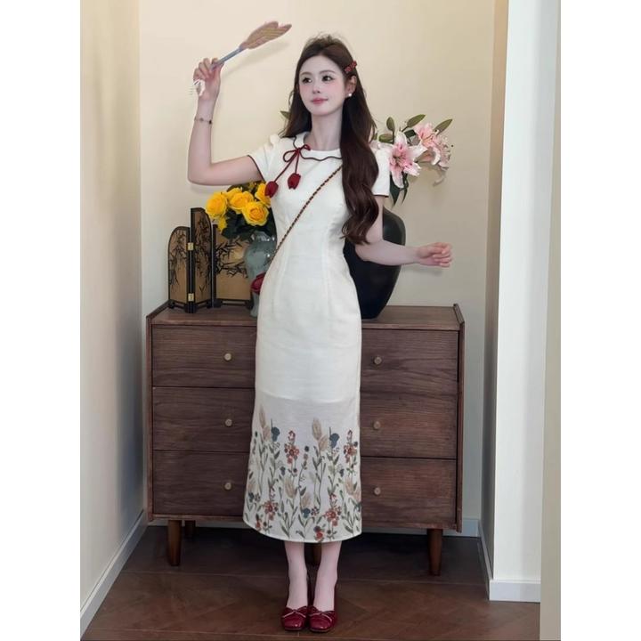 时尚显瘦新中式改良长裙2025夏季新品花瓣领印花旗袍连衣裙
