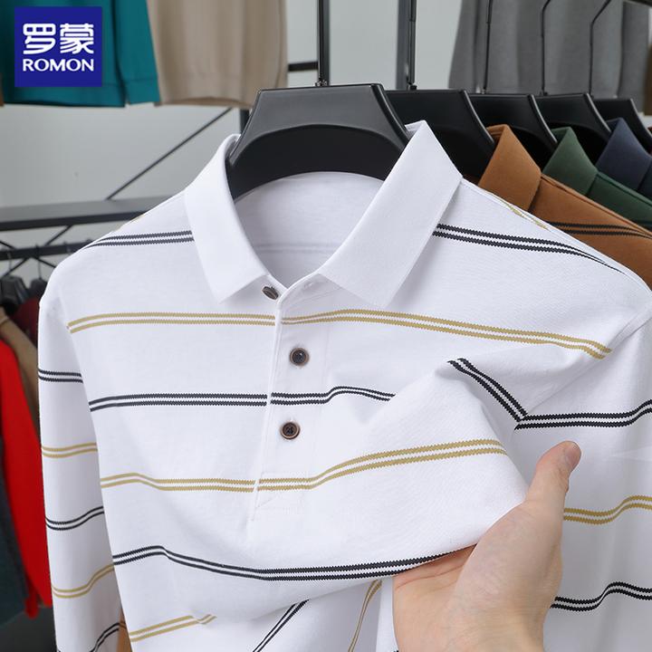 罗蒙【纯棉】男士长袖休闲T恤春秋季潮流撞色条纹百搭罗蒙长袖polo