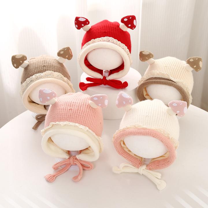 婴儿帽子秋冬季女宝宝蕾丝边可爱超萌公主帽女童针织帽护耳毛线帽