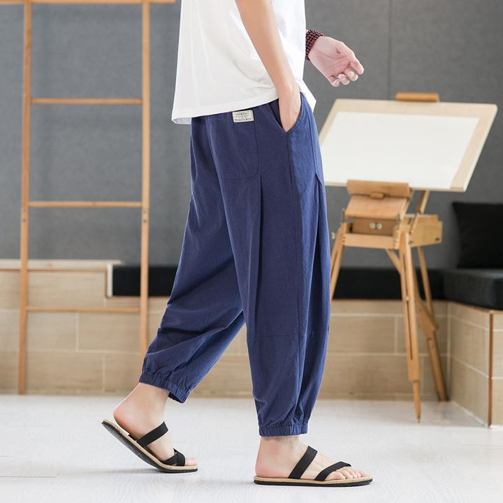 男士九分裤夏季新款复古潮牌束脚运动裤中国风大码肥佬哈伦八分裤