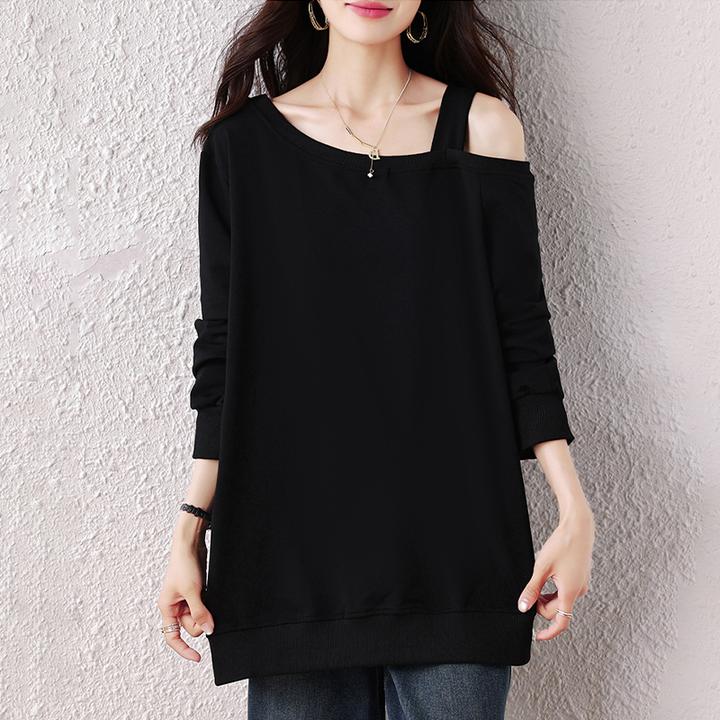 【女神新衣】露肩宽松慵懒卫衣秋装新款胖遮肚子显瘦休闲长袖小上衣