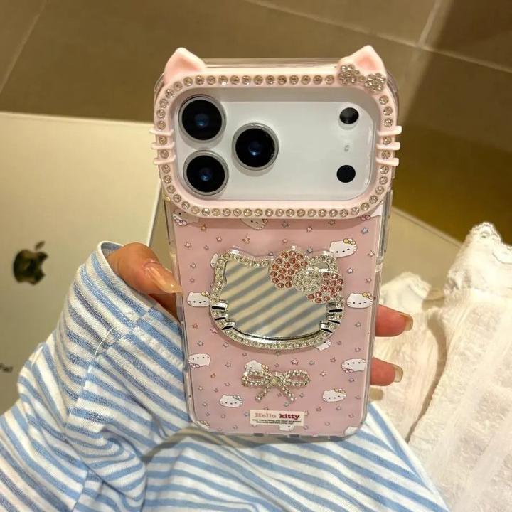 粉嫩闪钻镜面kitty猫耳朵适用17pro/16promax手机壳苹果15/14/13