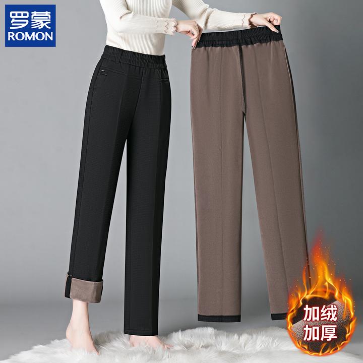 罗蒙妈妈装秋冬季加绒加厚长裤中老年女装冬季时尚松紧高腰直筒裤