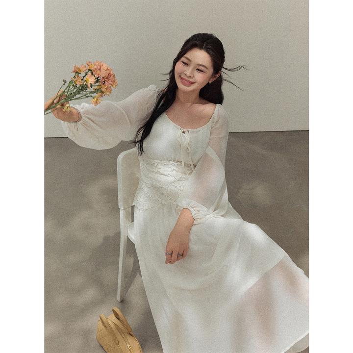 张大人【栀子花开】大码女装微胖妹妹法式气质灯笼袖拼接A字连衣裙