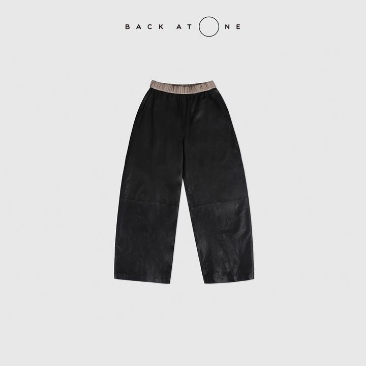 BACKATONE“别样精彩”撞色腰头植鞣橡筋腰黑色皮裤 BFF-2FI348B-K