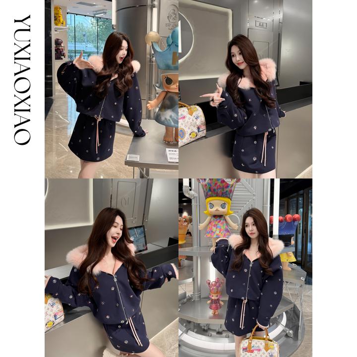 余潇潇【美貌玩家】可拆狐狸毛领亮片刺绣宽松连帽外套&短半裙套装