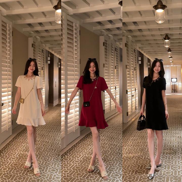 W·HAHA【魅力陷阱】赫本风钉珠镂空荷叶边醋酸连衣裙60799