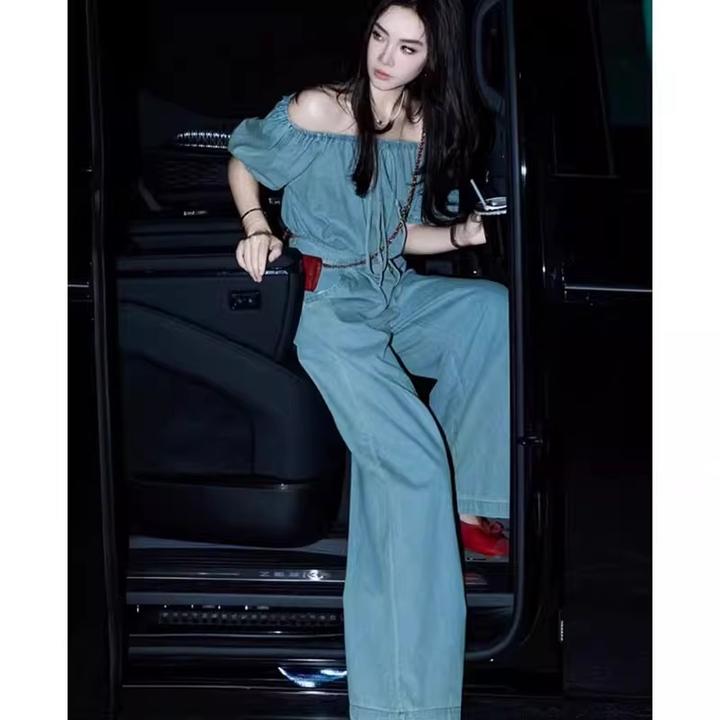 2025超火夏装一整套又酷又飒港风复古蓝色牛仔衬衫阔腿裤两件套装