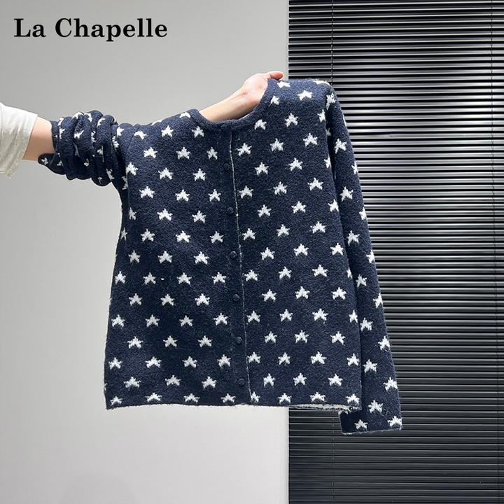 拉夏贝尔圆领星星针织开衫毛衣外套女秋冬单排扣宽松显瘦长袖上衣