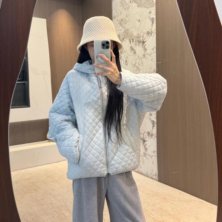 宿慕SUMU宽松菱形格休闲时尚连帽棉服外套2025新款简约加棉上衣