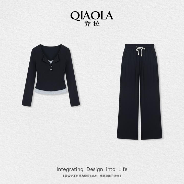 QIAOLA/乔拉【青春华尔兹】秋季新款弹力针织透气显瘦时尚套装预售