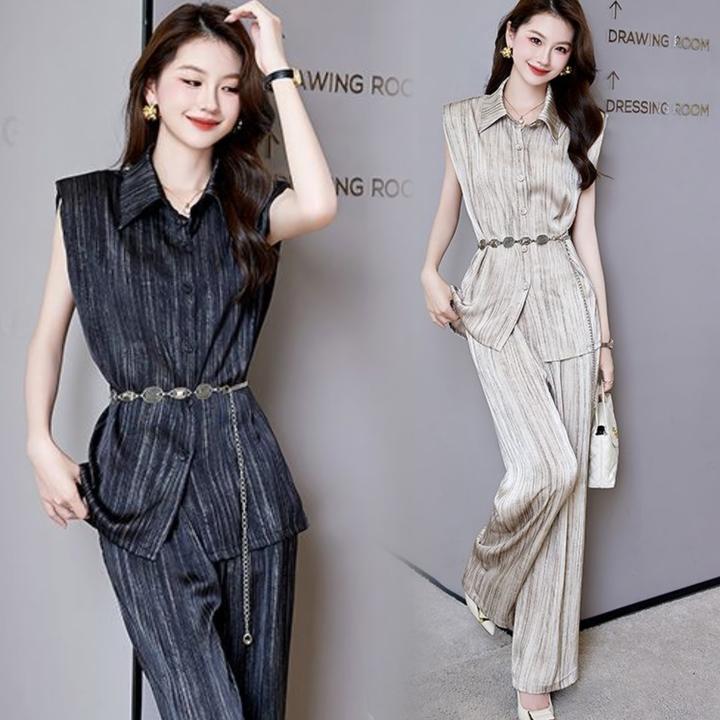 2025年夏季新款缎面炒色3108气质韩版简约时尚高档套装送腰链