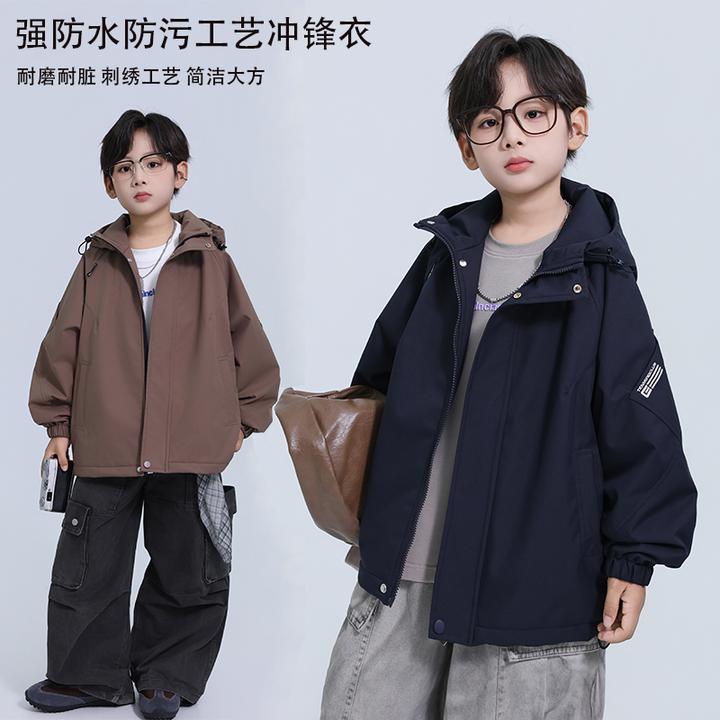 青少年户外软壳石墨烯冲锋衣男童连帽五防外套中大童夹棉冬款上衣