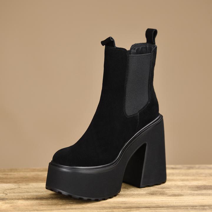 12cm黑色厚底切尔西靴子女粗跟短靴秋冬高跟鞋真皮防水台烟筒靴