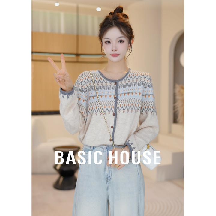 Basic House/百家好针织衫女士秋季新款圆领开衫上衣B1195B5Z062
