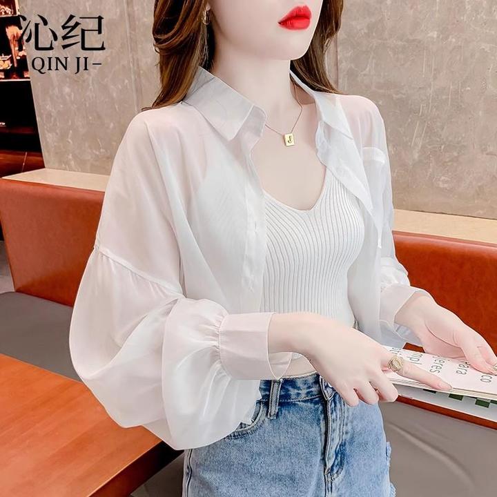 薄款防晒衣衬衫女夏季2025年新款时尚吊带背心开衫外搭两件套上衣